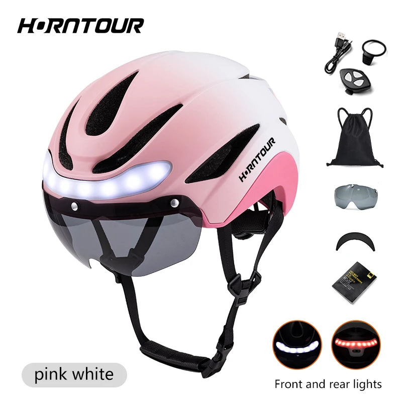 Horntour Bicycle Helmet Ride LED Lights Racing Road Bike Helmet Men and Women Outdoor Sports Pro Cycling Bicicleta Safety Cap ﻿