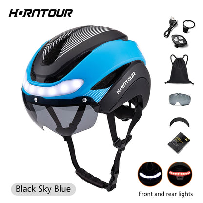 Horntour Bicycle Helmet Ride LED Lights Racing Road Bike Helmet Men and Women Outdoor Sports Pro Cycling Bicicleta Safety Cap ﻿
