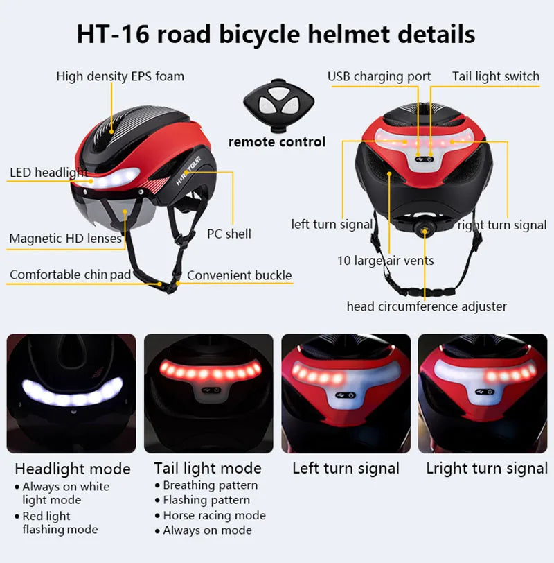 Horntour Bicycle Helmet Ride LED Lights Racing Road Bike Helmet Men and Women Outdoor Sports Pro Cycling Bicicleta Safety Cap ﻿